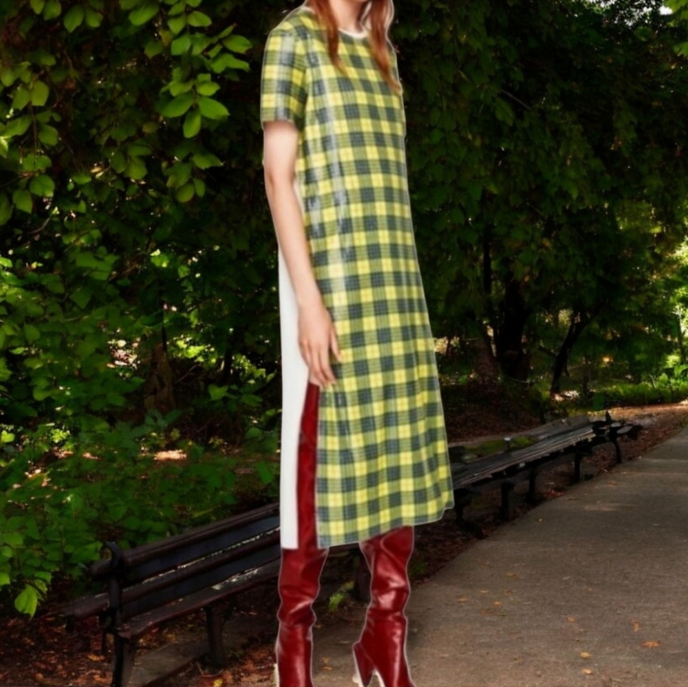 NWOT Zara "Mean Girls" Plaid Sequin Slit Sides Midi Dress Short Sleeve Crew Neck